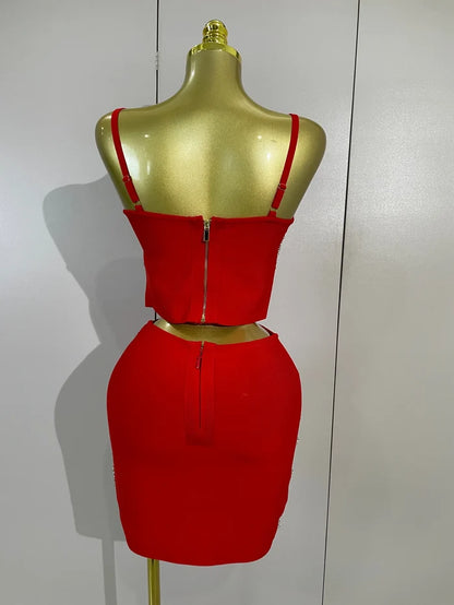 hShine in the Kristi diamond chain two-piece bandage mini dress set. Sexy bodycon outfit for parties, birthdays, clubs, and special events.