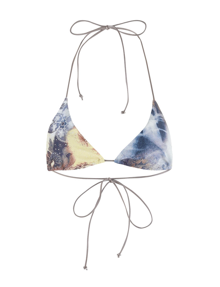 A close-up of a TIGERMIST KRYZE BIKINI TOP - MULTI: TIE DYE: PAISLEY TIE DYE garment.