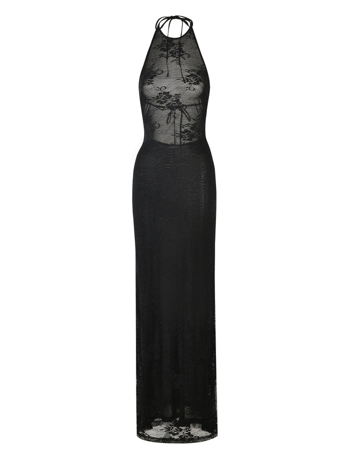 Image of the Lucia Dress in black lace by TigerMist. This long, sleeveless dress features a halter neckline with thin straps and a sheer bodice adorned with intricate floral lace detailing. The form-fitting skirt boasts a sheer lace overlay.