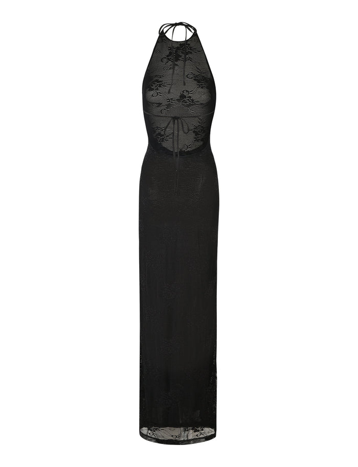 The LUCIA DRESS - BLACK : LACE from TIGERMIST is a sleeveless, floor-length dress featuring a halter neckline and sheer lace material adorned with intricate floral lace patterns. It also has a keyhole cut-out below the neckline.