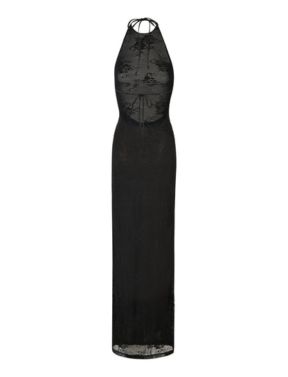 The LUCIA DRESS - BLACK : LACE from TIGERMIST is a sleeveless, floor-length dress featuring a halter neckline and sheer lace material adorned with intricate floral lace patterns. It also has a keyhole cut-out below the neckline.