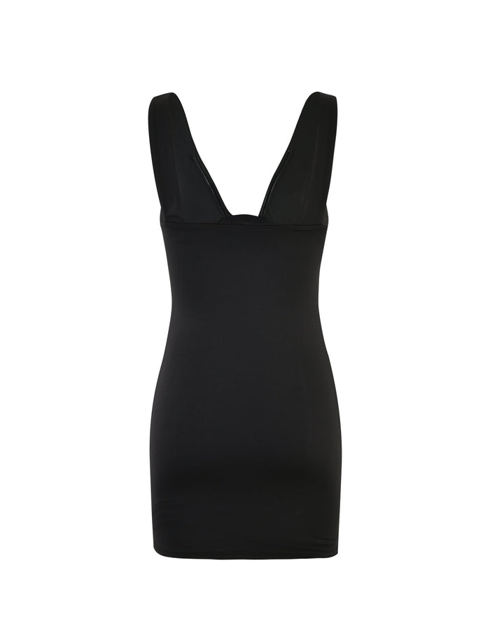 Introducing the LUNARIA MINI DRESS by TIGERMIST: a sleeveless, fitted black dress featuring a deep V neckline. This plain, pattern-free design is crafted to hug your body closely and falls to about mid-thigh length.