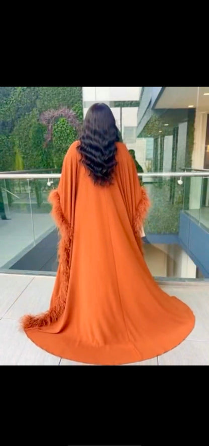 Luxe Ostrich Feather Trim Kaftan Dress | Elegant Statement Abaya