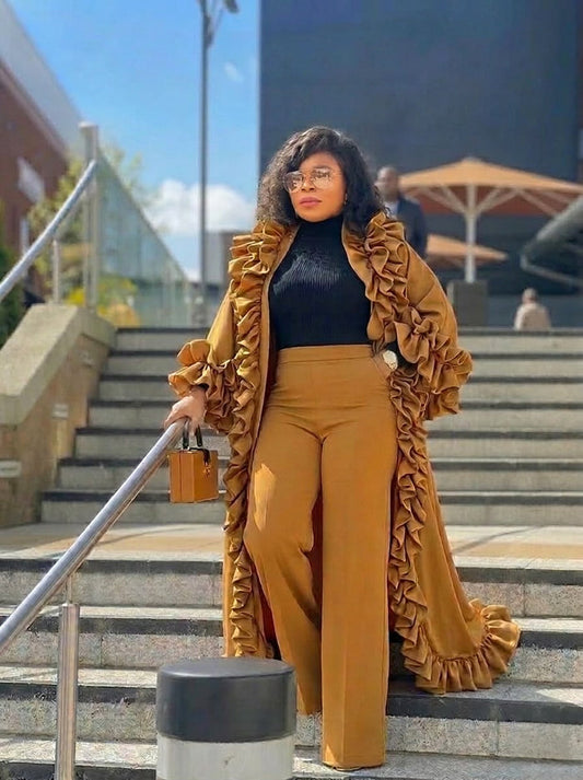 Luxury ruffle duster coat and tailored wide leg pants set elegant two piece outfit for women