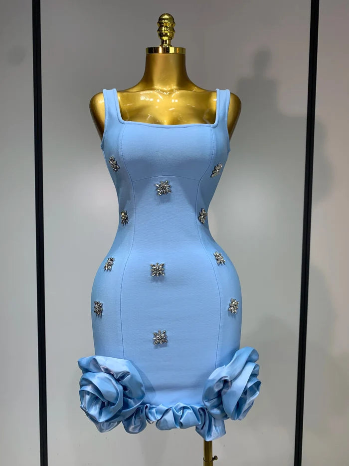 Square collar sparkly rhinestone bodycon mini bandage dress