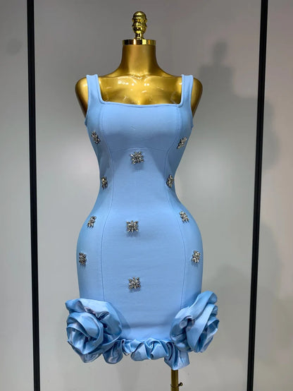 Square collar sparkly rhinestone bodycon mini bandage dress