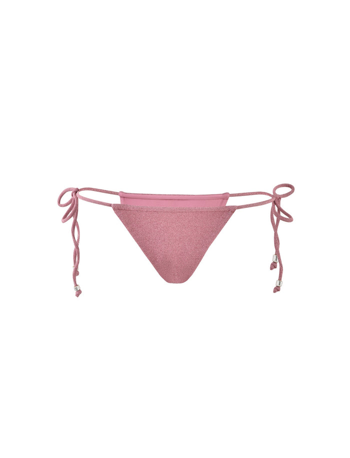 Front view of the MARIEL BIKINI BOTTOM - PINK : PINK SPARKLE by TigerMist, featuring side ties adorned with small decorative beads at the ends. The fabric boasts a subtle shimmering texture, characteristic of TigerMist's chic designs. The bikini bottom is displayed on a plain white background.