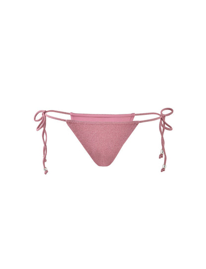 Front view of the MARIEL BIKINI BOTTOM - PINK : PINK SPARKLE by TigerMist, featuring side ties adorned with small decorative beads at the ends. The fabric boasts a subtle shimmering texture, characteristic of TigerMist's chic designs. The bikini bottom is displayed on a plain white background.