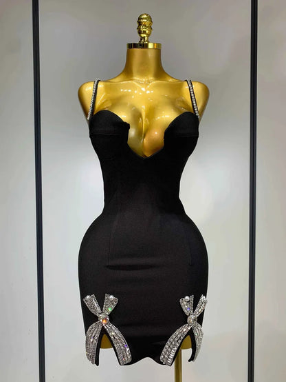 Mary V Neck Beaded Black Mini Bandage Dress