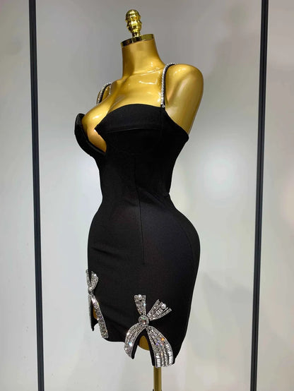 Mary V Neck Beaded Black Mini Bandage Dress
