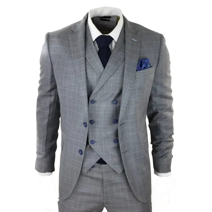 Men's light grey check suit with double-breasted waistcoat, tailored fit, blue buttons, blue pocket square, worn with white shirt and navy tie