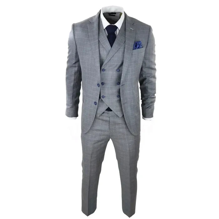 Close-up of men's grey check suit with double-breasted waistcoat, blue buttons, matching pocket square, paired with white shirt and navy tie