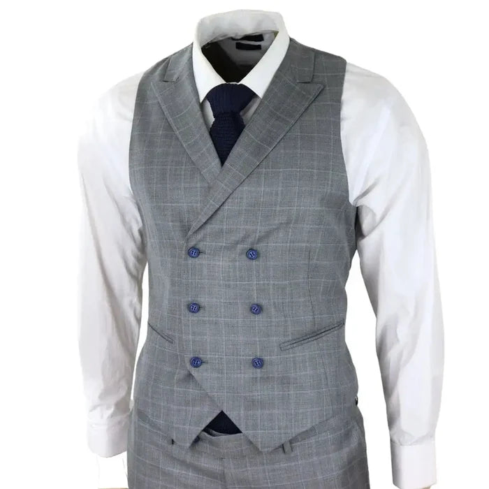 Men's light grey checkered 3-piece suit with double-breasted waistcoat, white dress shirt, navy tie, tailored fit, SKU: chn-02_suit_Grey_36