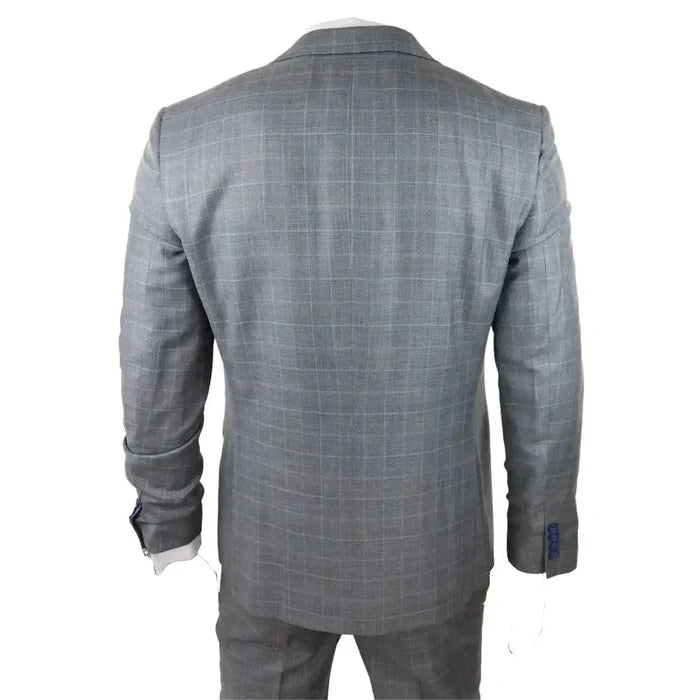 Men's light grey 3-piece suit with a subtle check pattern, tailored fit, featuring a double-breasted waistcoat, ideal for office, wedding, or prom occasions.