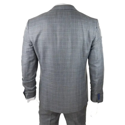 Men's light grey 3-piece suit with a subtle check pattern, tailored fit, featuring a double-breasted waistcoat, ideal for office, wedding, or prom occasions.