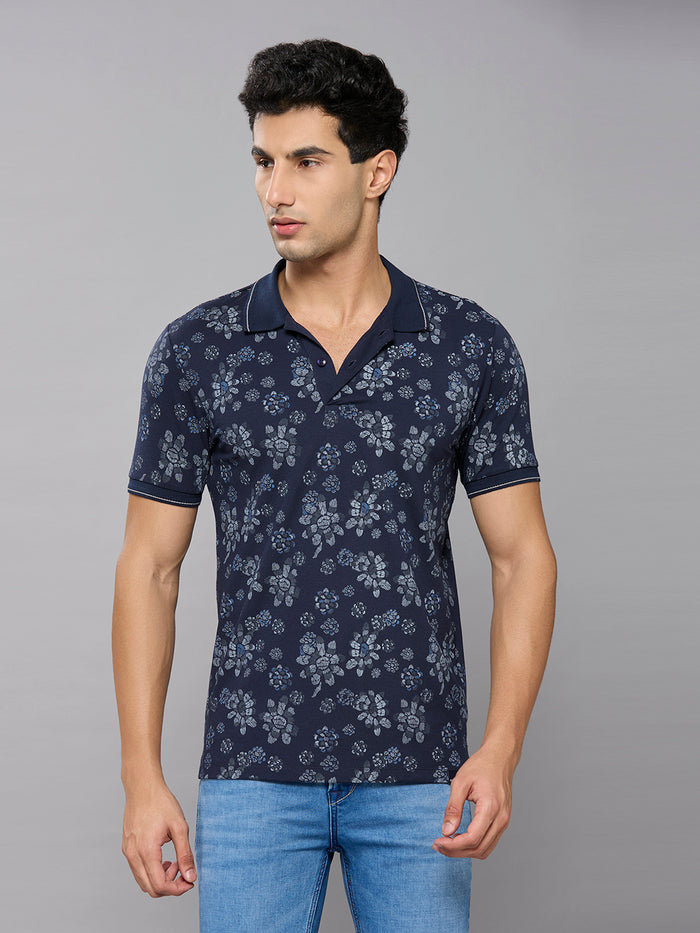 Men's Navy Blue Printed Slim Fit T-Shirts