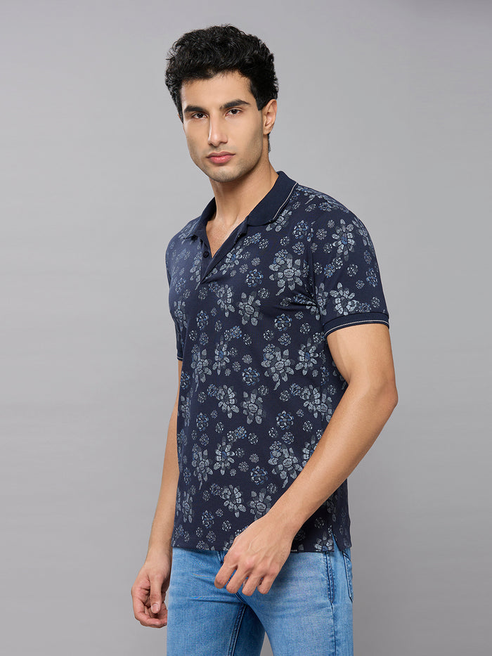 Men's Navy Blue Printed Slim Fit T-Shirts