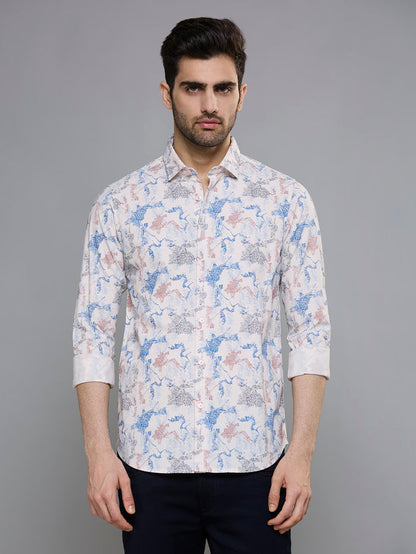 Men's Peach Printed Slim Fit Shirts