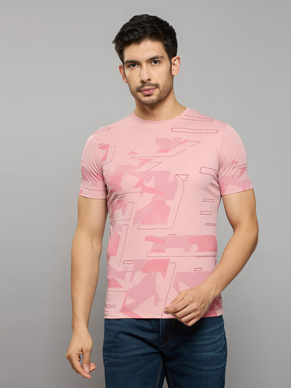 Men's Pink Printed Slim Fit T-Shirts