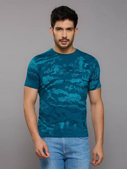 Men's Teal Blue Printed Slim Fit T-Shirts