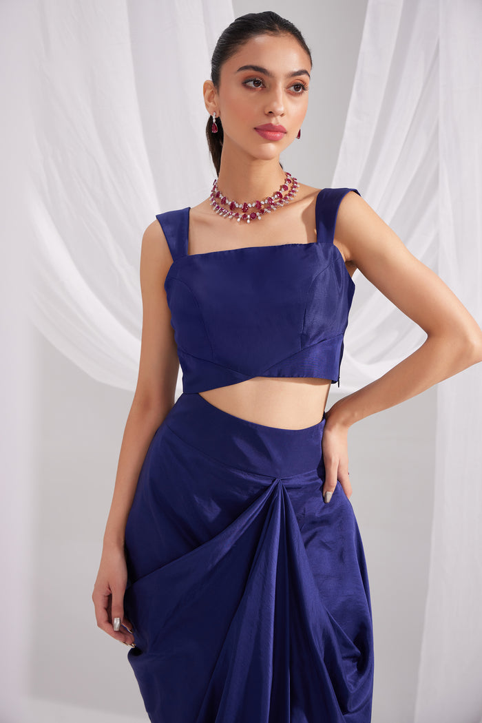 Midnight Blue Silk Bustier & Draped Skirt Set