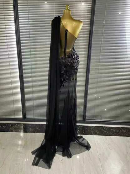 Mimi Floral Mesh See Through Bodycon Tail Maxi Dress