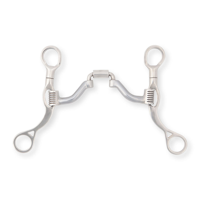 A stainless steel Myler MBL Short Shank correctional wide port mouthpiece with a curved shape and a silver-colored finish.