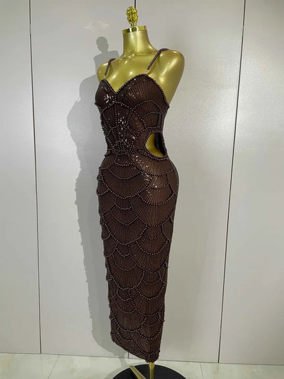 Nia Pearl Beaded Sequin Strap Bodycon Long Dress