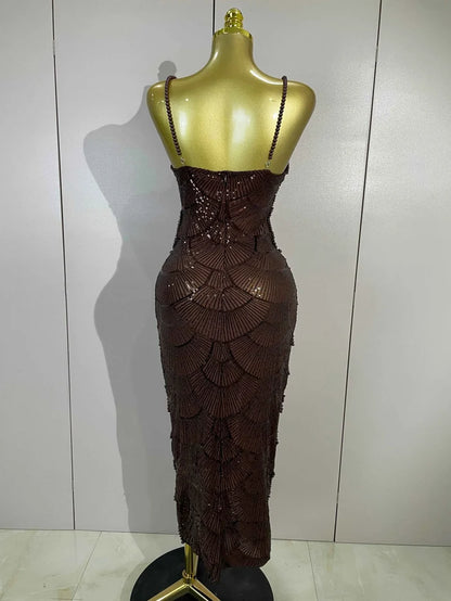 Nia Pearl Beaded Sequin Strap Bodycon Long Dress