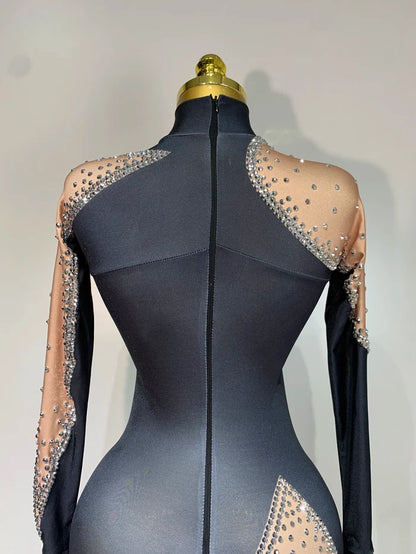 Nicole sparkly rhinestone bodycon performance bodysuit for women. Glamorous outfit for stage shows, birthdays, and nightlife.