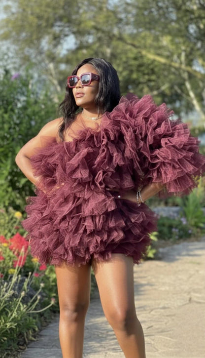 One-Shoulder Short Tulle Dress | Ruffle Royalty Burgundy Dress