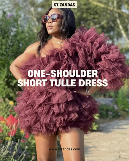 One-Shoulder Short Tulle Dress | Ruffle Royalty Burgundy Dress