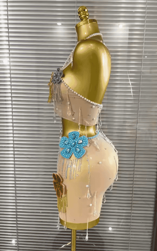 Shine in the Patti colorful rhinestone and pearl two-piece set with a sheer top and mini skirt. Perfect for parties, birthdays, and nightlife.