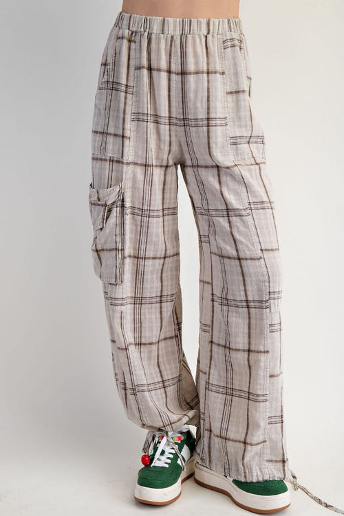 PLAID MINERAL WASHED PANTS