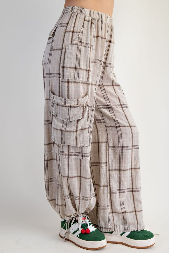 PLAID MINERAL WASHED PANTS