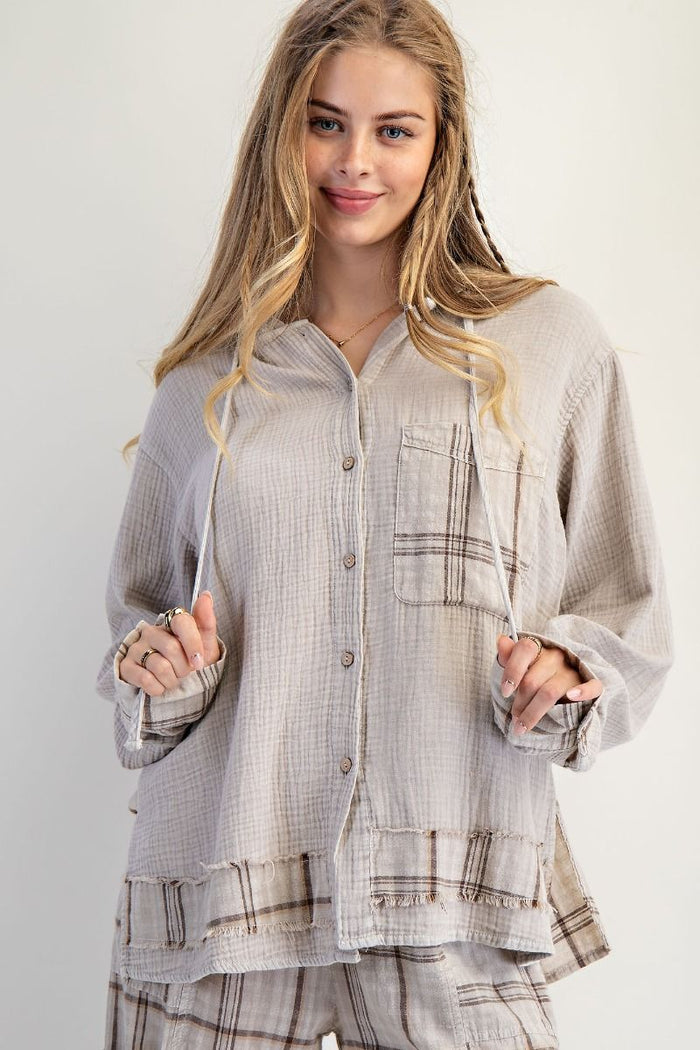 PLAID WASHED COTTON GAUZE PULLOVER HOODIE