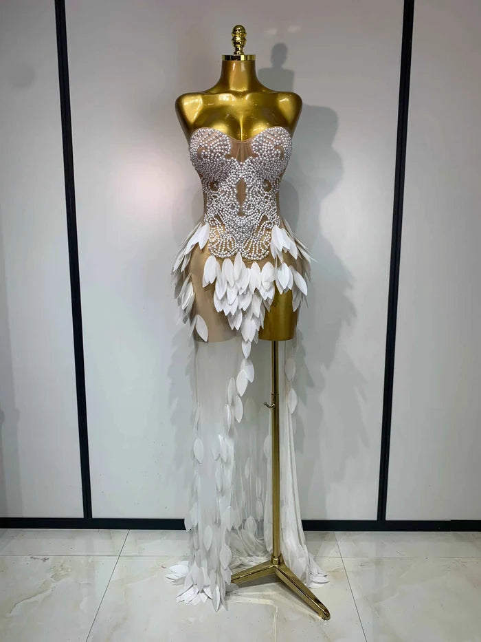 Elegant Pearl Dress Sexy Transparent Mesh Maxi Long Dresses Women Evening Party Wedding Gown Red Carpet Celebrity Stage Outfit