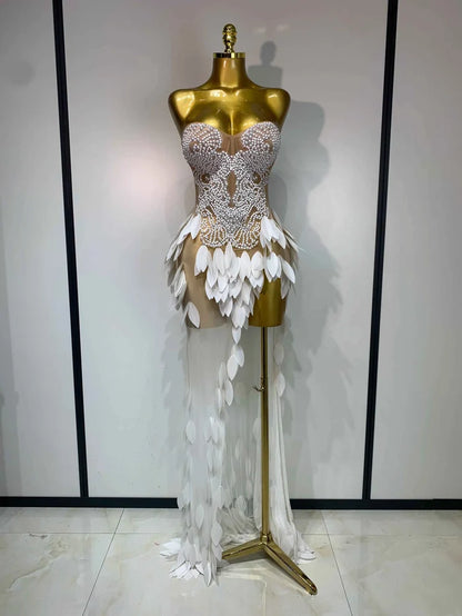 Elegant Pearl Dress Sexy Transparent Mesh Maxi Long Dresses Women Evening Party Wedding Gown Red Carpet Celebrity Stage Outfit