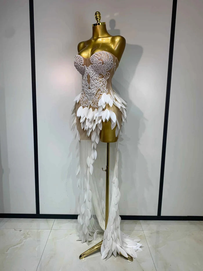 Elegant Pearl Dress Sexy Transparent Mesh Maxi Long Dresses Women Evening Party Wedding Gown Red Carpet Celebrity Stage Outfit