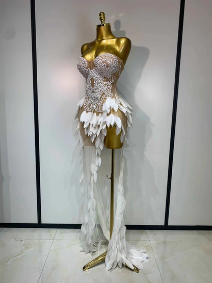 Elegant Pearl Dress Sexy Transparent Mesh Maxi Long Dresses Women Evening Party Wedding Gown Red Carpet Celebrity Stage Outfit