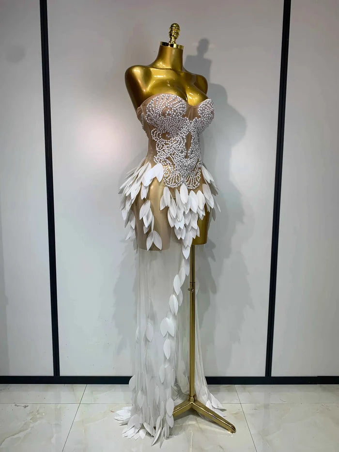 Elegant Pearl Dress Sexy Transparent Mesh Maxi Long Dresses Women Evening Party Wedding Gown Red Carpet Celebrity Stage Outfit