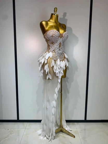 Elegant Pearl Dress Sexy Transparent Mesh Maxi Long Dresses Women Evening Party Wedding Gown Red Carpet Celebrity Stage Outfit