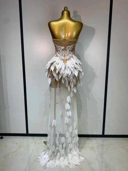Elegant Pearl Dress Sexy Transparent Mesh Maxi Long Dresses Women Evening Party Wedding Gown Red Carpet Celebrity Stage Outfit