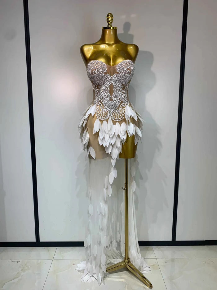 Elegant Pearl Dress Sexy Transparent Mesh Maxi Long Dresses Women Evening Party Wedding Gown Red Carpet Celebrity Stage Outfit