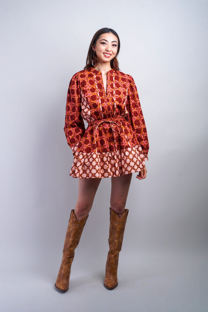 Private Label DRESSES Rust Printed Color Block Skater Dress