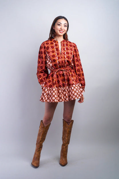 Private Label DRESSES Rust Printed Color Block Skater Dress