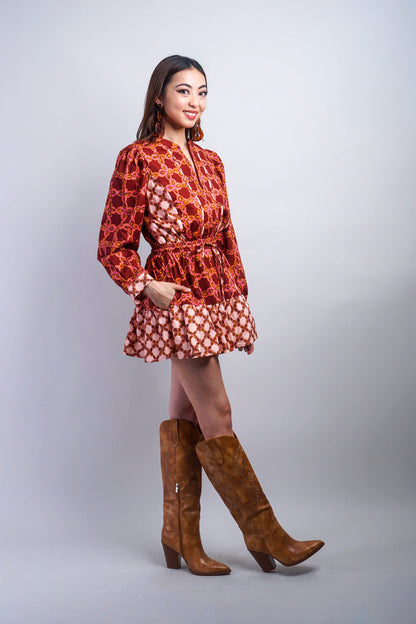 Private Label DRESSES Rust Printed Color Block Skater Dress