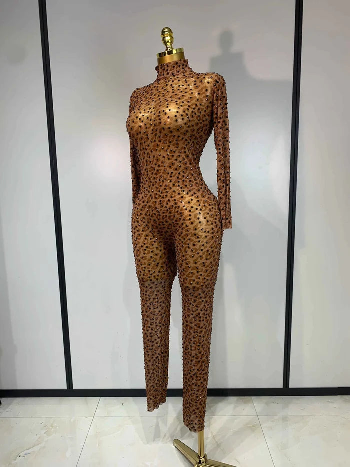 Rynlee Black Crystal Women Sexy Long Sleeve Leopard Mesh Sheer Bodycon Jumpsuit