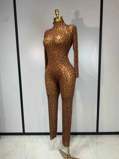 Rynlee Black Crystal Women Sexy Long Sleeve Leopard Mesh Sheer Bodycon Jumpsuit