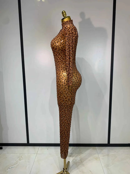 Rynlee Black Crystal Women Sexy Long Sleeve Leopard Mesh Sheer Bodycon Jumpsuit